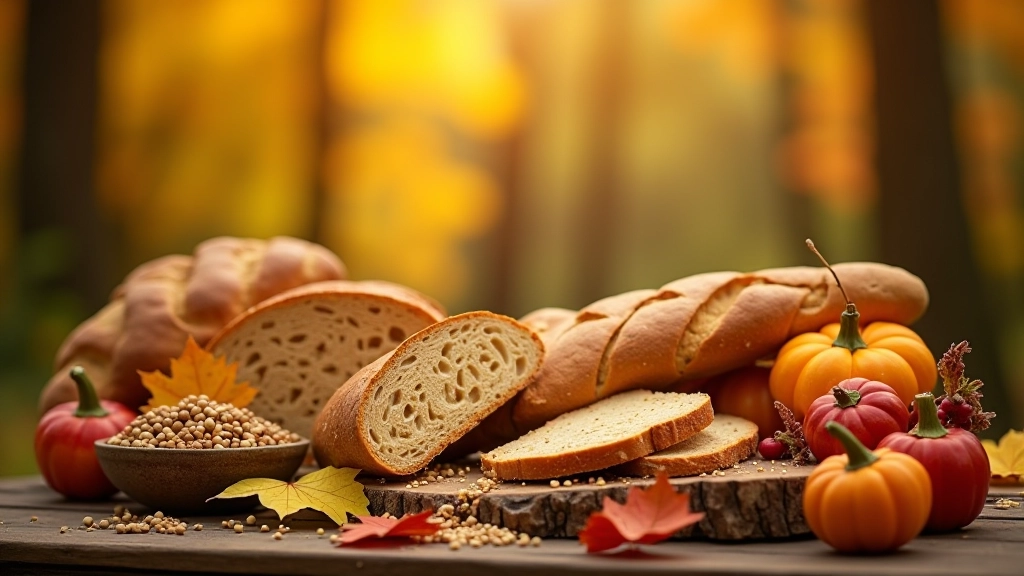 Tradicionāli rudens produkti — maize, āļi un grādi uz koka galda